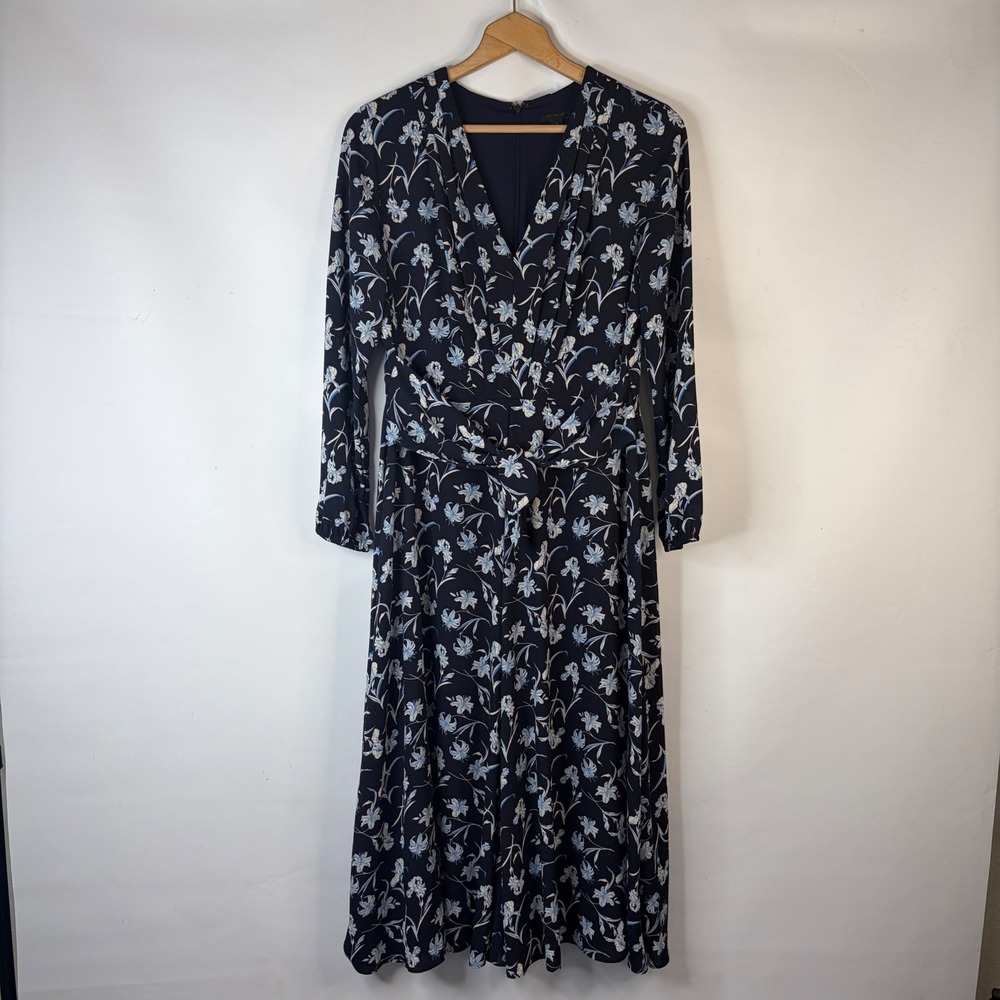 Ann Taylor Midi Dress Women 8 Navy Blue Floral Long Sleeve V-Neck Tie Waist
